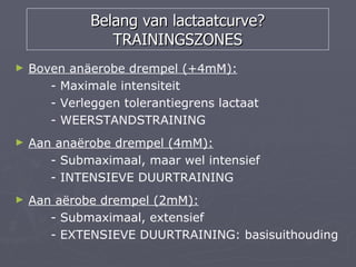 Belang van lactaatcurve?
                 TRAININGSZONES
►   Boven anäerobe drempel (+4mM):
       - Maximale intensiteit
       - Verleggen tolerantiegrens lactaat
       - WEERSTANDSTRAINING
►   Aan anaërobe drempel (4mM):
       - Submaximaal, maar wel intensief
       - INTENSIEVE DUURTRAINING
►   Aan aërobe drempel (2mM):
       - Submaximaal, extensief
       - EXTENSIEVE DUURTRAINING: basisuithouding
 
