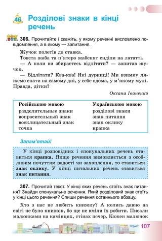 107
Розділові знаки в кінці
речень
306.	Прочитайте і скажіть, у якому реченні висловлено по-
відомлення, а в якому — запитання.
Жучок полетів до ставка.
Товста жаба та п’ятеро жабенят сиділи на лататті.
— А коли ви збираєтесь відлітати? — запитав жу-
чок.
— Відлітати? Ква-ква! Які дурниці! Ми взимку ля-
жемо спати на самому дні, у себе вдома, у м’якому мулі.
Правда, дітки?
Оксана Іваненко
Російською мовою	 Українською мовою
разделительные знаки	 розділові знаки
вопросительный знак	 знак питання
восклицательный знак	 знак оклику
точка	 крапка
Запам’ятай!
У кінці розповідних і спонукальних речень ста-
виться крапка. Якщо речення вимовляється з особ­
ливим почуттям радості чи захоплення, то ставиться
знак оклику. У кінці питальних речень ставиться
знак питання.
307.	Прочитай текст. У кінці яких речень стоїть знак питан-
ня? Знайди спонукальне речення. Який розділовий знак стоїть
у кінці цього речення? Спиши речення останнього абзацу.
Хто з нас не любить книжку? А колись давно на
світі не було книжок, бо ще не вміли їх робити. Писали
малюнками на камінцях, стінах печер. Кожен малюнок
46
 