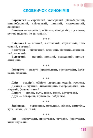 135
СЛОВНИЧОК СИНОНІМІВ
Барвистий — строкатий, кольоровий, рiзнобарвний,
пишнобарвний, квiтчастий, пишний, мальовничий,
яскравий.
Близько — недалеко, поблизу, неподалiк, пiд носом,
рукою подати, не за горами.
* * *
Ввічливий — чемний, вихований, коректний, так-
товний, ґpечний.
Видатний — визначний, великий, відомий, знамени-
тий, славний.
Відвертий — щирий, прямий, правдивий, прямо­
лiнiйний.
* * *
Говорити — казати, промовляти, проказувати, бала-
кати, мовити.
* * *
Двір — подвiр’я, обiйстя, дворище, садиба, господа.
Дивний — чудний, дивовижний, чудернацький, хи-
мерний, фантастичний.
Дорога — шлях, путь, шосе, траса, автострада.
Друг — товариш, приятель, побратим.
* * *
Завірюха — хуртовина, метелиця, вiхола, заметiль,
хуга, завiя, снiговій.
* * *
Іти — простувати, прямувати, ступати, крокувати,
чимчикувати.
 