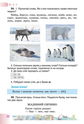 22
54.	 1. Прочитай слова. Які з них позначають назви північних
тварин?
Бобер, борсук, сова, ведмідь, лисиця, жаба, вовк, но-
соріг, мавпочка, куниця, олень, пінгвін, рись, як, тю-
лень, морж, юрта, їжак.
2. Скільки голосних звуків у кожному слові? Скільки складів?
Запиши трискладові слова, поділяючи їх на склади.
3. До яких слів підходять ці схеми?
—о—о
—о—о=о
4. Побудуй схеми слів, де є буква ю.
Запам’ятай!
Буква ї завжди позначає два звуки — [йі].
55.	 Прочитай вірш. Спиши його. Підкресли букву, яка позна-
чає два звуки.
Жадібний Євгенко
Євген горіхи роздає:
— Оце — моє, оце твоє.
 