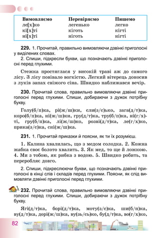 82
Вимовляємо	 Перевіряємо	 Пишемо
ле[х]ко	 легенько	 легко
кі[х]ті	 кіготь	 кігті
ні[х]ті	 ніготь	 нігті
229.	1. Прочитай, правильно вимовляючи дзвінкі приголосні
у виділених словах.	
	 2. Спиши, підкресли букви, що позначають дзвінкі приголо-
сні перед глухими.
Стежка простяглася у високій траві аж до самого
лісу. З лісу повівало вогкістю. Легкий вітерець доносив
з луків запах свіжого сіна. Швидко наближався вечір.
230.	Прочитай слова, правильно вимовляючи дзвінкі при-
голосні перед глухими. Спиши, добираючи з дужок потрібну
букву.
Голу(б/п)ка, рі(ж/ш)ки, сли(з/с)ько, зага(д/т)ка,
коро(б/п)ка, ні(ж/ш)ки, гру(д/т)ка, тру(б/п)ка, ні(г/х)-
ті, гру(б/п)ка, лі(ж/ш)ко, розві(д/т)ка, ле(г/х)ко,
прика(з/с)ка, сні(ж/ш)ка.
231.	1. Прочитай приказки й поясни, як ти їх розумієш.
1. Калина хвалилась, що з медом солодка. 2. Кожна
жабка своє болото хвалить. 3. Як мед, то ще й ложкою.
4. Ми з тобою, як рибка з водою. 5. Швидко робить, та
переробляє довго.
2. Спиши, підкреслюючи букви, що позначають дзвінкі при-
голосні в кінці слів і складів перед глухими. Поясни, як слід ви-
мовляти дзвінкі приголосні перед глухими.
232.	Прочитай слова, правильно вимовляючи дзвінкі при-
голосні перед глухими. Спиши, добираючи з дужок потрібну
букву.
Ягі(д/т)ка, борі(д/т)ка, моту(з/с)ка, ши(б/п)ка,
ву(д/т)ка, дорі(ж/ш)ка, ву(зь/сь)ко, бу(д/т)ка, во(г/х)ко,
 