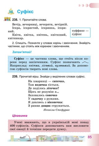 85
Суфікс
238.	1. Прочитайте слова.
Вечір, вечорниці, вечеряти, вечірній.
Іскра, іскристий, іскринка, іскря-
ний.
Квіти, квітка, квітень, квітковий,
квітникар.
2. Спишіть. Позначте у словах корінь і закінчення. Знайдіть
частинки, що стоять між коренем і закінченням.
Запам’ятай!
Суфікс — це частина слова, що стоїть після ко­
реня перед закінченням. Суфікс позначають .
­Наприклад: квітка, лісовий, вузенький. За допомо-
гою суфіксів творять нові слова.
239.	Прочитай вірш. Знайди у виділених словах суфікс.
На хмаринці — ситечко,
Там водичка сіється.
Де поділось літечко?
Щось не розумію я…
Заховалось сонечко
У садочку з ружами.
Я дивлюсь з віконечка:
З ринви дощик стружиться.
Неоніла Стефурак
Цікавинка
Учені вважають, що в українській мові понад
400   суфіксів. Суфікси допомагають нам висловити
свої емоції й точніше передати думку.
36
суффикс —
суфікс
 