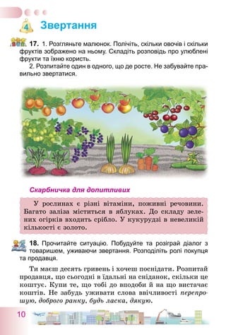10
Звертання
17.	 1. Розгляньте малюнок. Полічіть, скільки овочів і ­скільки
фруктів зображено на ньому. Складіть розповідь про улюблені
фрукти та їхню користь.	
	 2. Розпитайте один в одного, що де росте. Не забувайте пра-
вильно звертатися.
Скарбничка для допитливих
У рослинах є різні вітаміни, поживні речовини.
Багато заліза міститься в яблуках. До складу зеле-
них огірків входить срібло. У кукурудзі в невеликій
кількості є золото.
18.	 Прочитайте ситуацію. Побудуйте та розіграй діалог з
товаришем, уживаючи звертання. Розподіліть ролі покупця
та продавця.
Ти маєш десять гривень і хочеш поснідати. Розпитай
продавця, що сьогодні в їдальні на сніданок, скільки це
коштує. Купи те, що тобі до вподоби й на що вистачає
коштів. Не забудь уживати слова ввічливості перепро-
шую, доброго ранку, будь ласка, дякую.
4
 