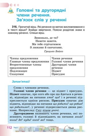112
Головні та другорядні
члени речення.
Зв’язок слів у реченні
316.	Прочитай вірш. Які речення за метою висловлювання є
в тексті вірша? Знайди звертання. Поясни розділові знаки в
кожному реченні. Спиши вірш.
Зимонько, де ти?
Намети замети.
Ми тебе стрічатимем
З лижами й санчатами.
Грицько Бойко
Члены предложения Члени речення
Главные члены предложения Головні члени речення
Второстепенные члены
предложения
Другорядні члени
­речення
Подлежащее Підмет
Сказуемое Присудок
Запам’ятай!
Слова є членами речення.
Головні члени речення — це підмет і присудок.
Підмет означає, про кого або про що йдеться в речен-
ні, відповідає на питання хто? що? і в реченні під-
креслюється однією рискою. Присудок означає дію
підмета, відповідає на питання що робить? що робив?
що робитиме?, у реченні підкреслюється двома рис-
ками. Наприклад: Сніг пішов уночі.
Другорядними називають члени речення, які по-
яснюють головні й відповідають на питання який?
коли? де? куди? кого? як? тощо.
48
 