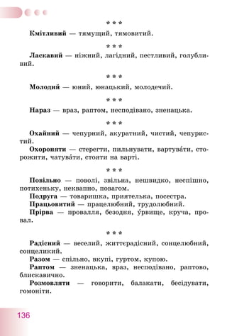 136
* * *
Кмітливий — тямущий, тямовитий.
* * *
Ласкавий — ніжний, лагідний, пестливий, голубли-
вий.
* * *
Молодий — юний, юнацький, молодечий.
* * *
Нараз — враз, раптом, несподівано, зненацька.
* * *
Охайний — чепурний, акуратний, чистий, чепурис-
тий.
Охороняти — стерегти, пильнувати, вартувати, сто-
рожити, чатувати, стояти на вapтi.
* * *
Повільно — поволі, звільна, нешвидко, неспішно,
потихеньку, неквапно, повагом.
Подруга — товаришка, приятелька, посестра.
Працьовитий — працелюбний, трудолюбний.
Прірва — провалля, безодня, урвище, круча, про-
вал.
* * *
Радісний — веселий, життєрадicний, сонцелюбний,
сонцеликий.
Разом — спiльно, вкупi, гуртом, купою.
Раптом — зненацька, враз, несподiвано, раптово,
блискавично.
Розмовляти — говорити, балакати, бесідувати,
гомонiти.
 