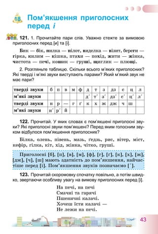 43
Пом’якшення приголосних
перед і
121.	1. Прочитайте пари слів. Уважно стежте за вимовою
приголосних перед [и] та [і].
Бик — бік, пилка — пілот, виделка — візит, береги —
гірка, килим — кішка, птахи — похід, жити — жінка,
чистота — печі, кошик — груші, щиглик — плющі.
2. Розгляньте таблицю. Скільки всього м’яких приголосних?
Які тверді і м’які звуки виступають парами? Який м’який звук не
має пари?
тверді звуки б п в м ф д т з дз с ц л
м’які звуки д΄ т΄ з΄ дз΄ с΄ ц΄ л΄
тверді звуки н р — г ґ к х ж дж ч ш
м’які звуки н΄ р΄ й
122.	Прочитай. У яких словах є пом’якшені приголосні зву-
ки? Які приголосні звуки пом’якшені? Перед яким голосним зву-
ком відбулося пом’якшення приголосних?
Білка, олень, півень, мазь, ґедзь, рис, вітер, міст,
кефір, гілка, кіт, хід, жінка, чітко, груші.
Приголосні [б], [п], [в], [м], [ф], [г], [ґ], [к], [х], [ж],
[дж], [ч], [ш] мають здатність до пом’якшення, найчас-
тіше перед [і]. Пом’якшення звуків позначаємо [΄].
123.	Прочитай скоромовку спочатку повільно, а потім швид-
ко, звертаючи особливу увагу на вимову приголосних перед [і].
На печі, на печі
Смачні та гарячі
Пшеничні калачі.
Хочеш їсти калачі —
Не лежи на печі.
18
 