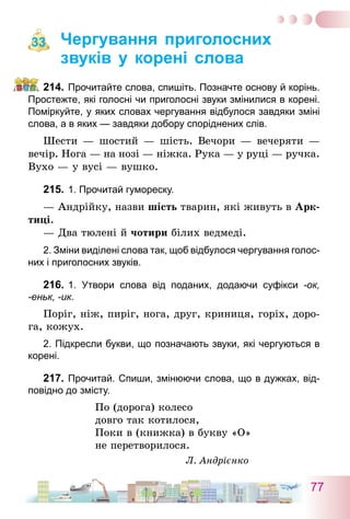 77
Чергування приголосних
звуків у корені слова
214.	Прочитайте слова, спишіть. Позначте основу й корінь.
Простежте, які голосні чи приголосні звуки змінилися в корені.
Поміркуйте, у яких словах чергування відбулося завдяки зміні
слова, а в яких — завдяки добору споріднених слів.
Шести — шостий — шість. Вечори — вечеряти —
вечір. Нога — на нозі — ніжка. Рука — у руці — ручка.
Вухо — у вусі — вушко.
215.	1. Прочитай гумореску.
— Андрійку, назви шість тварин, які живуть в Арк-
тиці.
— Два тюлені й чотири білих ведмеді.
2. Зміни виділені слова так, щоб відбулося чергування голос­
них і приголосних звуків.
216.	1. Утвори слова від поданих, додаючи суфікси -ок,
-еньк, -ик.
Поріг, ніж, пиріг, нога, друг, криниця, горіх, доро-
га, кожух.
2. Підкресли букви, що позначають звуки, які чергуються в
корені.
217.	Прочитай. Спиши, змінюючи слова, що в дужках, від-
повідно до змісту.
По (дорога) колесо
довго так котилося,
Поки в (книжка) в букву «О»
не перетворилося.
Л. Андрієнко
33
 