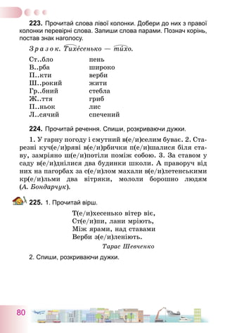 80
223.	Прочитай слова лівої колонки. Добери до них з правої
колонки перевірні слова. Запиши слова парами. Познач корінь,
постав знак наголосу.
З р а з о к. Тихесенько — тихо.
Ст..бло	 пень
В..рба	 широко
П..кти	 верби
Ш..рокий	 жити
Гр..бний	 стебла
Ж..ття	 гриб
П..ньок	 лис
Л..сячий	 спечений
224.	Прочитай речення. Спиши, розкриваючи дужки.
1. У гарну погоду і смутний в(е/и)селим буває. 2. Ста­
резні куч(е/и)ряві в(е/и)рбички п(е/и)шалися біля ста-
ву, замріяно ш(е/и)потіли поміж собою. 3. За ставом у
саду в(е/и)днілися два будинки школи. А праворуч від
них на пагорбах за с(е/и)лом махали в(е/и)летенськими
кр(е/и)льми два вітряки, мололи борошно людям
(А. Бондарчук).
225.	1. Прочитай вірш.
Т(е/и)хесенько вітер віє,
Ст(е/и)пи, лани мріють,
Між ярами, над ставами
Верби з(е/и)леніють.
Тарас Шевченко
2. Спиши, розкриваючи дужки.
 