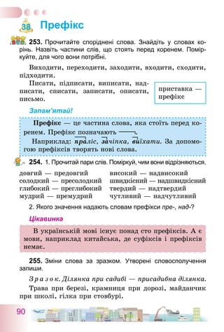 90
Префікс
253.	Прочитайте споріднені слова. Знайдіть у словах ко-
рінь. Назвіть частини слів, що стоять перед коренем. Помір­
куйте, для чого вони потрібні.
Виходити, переходити, заходити, входити, сходити,
підходити.
Писати, підписати, виписати, над-
писати, списати, записати, описати,
письмо.
Запам’ятай!
Префікс — це частина слова, яка стоїть перед ко-
ренем. Префікс позначають .
Наприклад: праліс, зачіпка, виїхати. За допомо-
гою префіксів творять нові слова.
254.	1. Прочитай пари слів. Поміркуй, чим вони відрізняються.
довгий — предовгий високий — надвисокий
солодкий — пресолодкий швидкісний — надшвидкісний
глибокий — преглибокий твердий — надтвердий
мудрий — премудрий чутливий — надчутливий
2. Якого значення надають словам префікси пре-, над-?
Цікавинка
В українській мові існує понад сто префіксів. А є
мови, наприклад китайська, де суфіксів і префіксів
немає.
255.	Зміни слова за зразком. Утворені словосполучення
­запиши.
З р а з о к. Ділянка при садибі — присадибна ділянка.
Трава при березі, крамниця при дорозі, майданчик
при школі, гілка при стовбурі.
38
приставка —
префікс
 