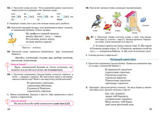3534
62. І. Прочитай слова вголос. Чітко вимовляй дзвінкі приголосні
звуки в кінці та в середині слів. Запиши слова.
хлі ні шу сте
гри [б] ву [ж] голу [б] ка ло [ж] ка
ду ї гу мере
ІІ. Поміркуй і скажи, яке з цих слів означає наказ щось зробити.
63. Прочитай і відгадай загадку, чітко вимовляючи звуки, позначе-
ні виділеними буквами. Спиши загадку.
На грибка я схожий трішки:
зверху брилик*, знизу — ніжка.
Я в соснову дошку вгруз,
на мені висить картуз.
*Брилик— шляпка.
64. Прочитай слова, правильно вимовляючи звук, позначений
буквою в.
Автобус, космонавт, сказав, дав, зробив, написав,
прочитав, намалював.
Звук, позначений буквою в, після голосних, на
відміну від російської мови, не оглушується.
65. І. Прочитай скоромовку Грицька Бойка спочатку повільно, а
потім — швидше і швидше. Які приголосні звуки в ній вимов-
ляються найчастіше? Який із них відсутній у російській мові?
В горішнику горішина
горішками обвішана.
Галинка й Тимішко
струшують горішки.
ІІ. Вивчи скоромовку. Запиши з пам’яті. Звір правильність свого
запису з підручником.
На місці букв дз треба вимовляти один звук [дз].
Попрацюй самостійно
66. Прочитай і запиши слова, розміщені під малюнками.
ё ґудзик
ґава аґрус
дзиґа ґанок
67. І. Прочитай. Назви спочатку слова, у яких слід вимов-
ляти звук [г], а потім — звук [ґ]. Запиши речення. Підкрес-
ли слова, у яких вимовляється звук [ґ].
1. Із самого ранку на ґанку сиділа ґава. 2. На городі
в Галинки дозрів аґрус. 3. «Ганнусю, вижени гусей на
луг», — попросила бабуся. 4. На лузі ґелґотали гуси.
ІІ. У якому реченні є звертання?
1. Прочитай скоромовку Грицька Бойка. Правильно вимовляй звук
[г] та звук, позначений буквою ч.
В гарненької горлички
туркотливе горлечко.
Горличка туркоче,
горличка воркоче.
Туркотлива горличка
прочищає горлечко.
2. Пригадай і прочитай дитячу пісеньку. На місці букви щ вимов-
ляй звуки [шч]. Запиши пісеньку з пам’яті.
Іди, іди, дощику,
зварю тобі борщику
в новенькому горщику.
Мені кашка, тобі борщ,
щоб ішов рясніший дощ.
Запам’ятай!
Запам’ятай!
 