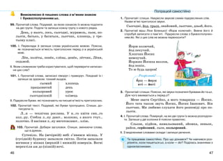 4746
Вимовляємо й пишемо слова з м’яким знаком
і буквосполученням ьо.
99. Прочитай слова. Подумай, за якою ознакою їх можна поділити
на дві групи. Поділи та запиши кожну групу з нового рядка.
День, у нього, лось, сьогодні, журавель, льон, по-
льоти, батько, у багатьох, льотчик, хлопець, у тре-
тьому класі.
100. І. Переклади й запиши слова українською мовою. Поясни,
як позначається м’якість приголосних перед о в українській
мові.
Лён, полёты, пенёк, слёзы, денёк, лётчик, Лёня,
седьмой.
ІІ. Яким словником треба користуватися, щоб перевірити написан-
ня цих слів?
101. І. Прочитай слова, записані ліворуч і праворуч. Поєднай їх і
запиши за зразком: тонкий льодок.
сьомий хлопець
працьовитий день
кольоровий урок
сьогоднішній олівець
ІІ. Підкресли букви, які позначають на письмі м’якість приголосних.
102. Прочитай текст. Подумай, які букви пропущено. Спиши, до-
писуючи їх.
Л..н — технічна рослина. У н..го квіти син..го
кол..ру. Стебла л..ну дают.. волокно, з якого тчут..
полотно. З насіння л..ну виготовляют.. олію.
103. Прочитай. Добери заголовок. Спиши, змінюючи слова,
що в дужках.
Сутеніло. На (вечірній) небі з’явився місяць. У
(сусідній) будинку запалили світло. Потім запалали
вогники у вікнах (верхній і нижній) поверхів. Вогні
мерехтіли аж до (пізній) ночі.
1. Прочитай і спиши. Накресли звукові схеми підкреслених слів.
Назви м’які приголосні звуки.
Сьогодні, йод, трьох, знайомий, льотчик, дзьоб, його.
2. Прочитай вірш Ліни Біленької «Йорж колючий». Вивчи його й
спробуй записати з пам’яті. Підкресли слова з буквосполучен-
ням йо. Які з цих слів не можна переносити?
Йорж колючий,
йод пекучий.
Хлопчик Йосип
невезучий.
Йоржик Йосипа вколов,
йод попік.
То ж будь здоров!
3. Прочитай і спиши. Поясни, які звуки позначені буквами йо та ьо.
Для чого вживається ь перед о?
Мене звати Сергійко, а мого товариша — Йосип.
Його тата також звуть Йосип, Йосип Іванович. Він
льотчик. Ми любимо слухати його розповіді про по-
льоти.
4. І. Прочитай слова. Поміркуй, на які дві групи їх можна розподіли-
ти. Запиши у дві колонки й поясни правопис.
Сльози, підйом, намальований, зйомка, пеньок,
район, серйозний, льон, кольоровий.
ІІ. З виділеними словами склади і запиши речення.
Ти працював самостійно. Про що дізнався? Чи навчився роз-
різняти, коли пишеться ьо, а коли — йо? Поділись знаннями з
однокласниками.
ёрш — йорж
его — його
Розрізняй!
Попрацюй самостійно
 