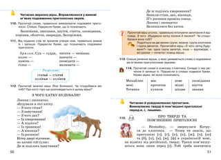 5150
Читаємо виразно вірш. Вправляємося у вимові
м’яких подовжених приголосних звуків.
110. Прочитай слова, правильно вимовляючи подовжені приго-
лосні. Спиши. Підкресли букви, що їх позначають.
Запитання, змагання, взуття, стаття, оповідання,
коріння, обличчя, знаряддя, Запоріжжя.
111. Від поданих слів за зразком утвори нові, правильно вимов
їх і запиши. Підкресли букви, що позначають подовжені
приголосні.
Зр аз ок. Суд — суддя, читати — читання.
колос —
камінь —
гілка —
навчати —
оповідати —
малювати —
112. Прочитай мовчки вірш Ліни Біленької. Чи сподобався він
тобі? Про кого і про що розповідається в цьому вірші?
З ЧОГО ХАТКУ БУДУВАЛИ?
Лосеня і лисенятко
збудували в лісі хатку.
— З чого стіни?
— З павутиння!
— З чого дах?
— Із хмаровиння!
— А підлога?
— Із травинок!
— А віконця?
— Із росинок!
Вітер двері відчиняє,
по хатині тій гуляє:
Де ж поділось павутиння?
Де ж поділось хмаровиння?
Зникли стіни, дах, віконця,
П’є росинки промінь сонця.
Лосеня і лисенятко
Залишилися без хатки.
Прочитай вірш уголос, правильно інтонуючи запитання й від-
повіді. З чого збудували хатку лосеня й лисеня? Чи сподо-
балася вона тобі?
Поділіться на дві великі групи, можна: група хлопчиків
і група дівчаток. Прочитайте вірш «З чого хатку буду-
вали?» так: одна група запитує, інша — відповідає, і
всі разом — початок і кінець вірша.
113. Спиши речення вірша, у яких уживаються слова з подовжени
ми м’якими приголосними звуками.
114. Прочитай слова в кожному стовпчику. Склади з них ре-
чення й запиши їх. Підкресли в словах подвоєні букви.
Назви звуки, які вони позначають.
Михайлик має нове оповідання
мені прочитав міцні взуття
Тетянка купили цікаве знання
Читаємо й усвідомлюємо прочитане.
Вимовляємо тверді й пом’якшені приголосні
перед и, і, пишемо.
115.
— Незнайку, — звернулася Катру-
ся до хлопчика. — Тепер ти знаєш, що
приголосні [г], [ґ], [к], [х], [ж], [ч], [ш]
та [б], [п], [в], [м], [ф] в українській мові,
на відміну від російської, тверді. Трохи пом’якшу-
ються вони лише перед [і]. Тобі треба навчитися
статья — стаття
колосья — колосся
Розрізняй!
ПРО ТВЕРДІ ТА
ПОМ’ЯКШЕНІ ПРИГОЛОСНІ
 