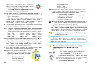5352
правильно вимовляти такі приголос-
ні — і тоді ти не будеш допускати поми-
лок під час уживання букв и, і.
— Добре, я потренуюся разом із усіма
учнями, — погодився Незнайко.
116. І. Вимов пари слів. Прослідкуй за вимовою складів з и, і.
У яких випадках приголосні вимовляються твердо, а в
яких — пом’якшено?
Хитрий — тхір, гиря — гірка, кислий — кістка,
жити — жінка, шити — шість, чисто — чітко, бити —
білка, пити — пісня, вити — звістка, мити — місто,
глибокий — глибокі, широкий — широкі.
ІІ. Спиши слова. Підкресли склади з твердими приголосними
однією рискою, а з пом’якшеними — двома.
117. Прочитай, правильно вимовляючи тверді приголосні перед
и, і. Спиши. Однією рискою підкресли букви, що позначають
тверді приголосні, а ті, що позначають пом’якшені, — двома.
бик — бік
сила — сіла
вив — вів
мить — мідь
гирка — гірка
кит — кіт
шити — шість
жити — жінка
чисто — чітко
118. І. Прочитай спочатку слова, у яких звуки [г], [к], [х] та [ж], [ч],
[ш] тверді, а потім слова, у яких ці звуки пом’якшені.
Подруги, товариші, чітко, груші, чисто, ріки, бе-
реги, чижі, кущі, мухи, рибки, руки, дощі, жити,
шити, щирість, гірка, кінь, верхівка.
ІІ. Які з цих слів можна поєднати зі словами глибокі, щирі,
працьовиті? Запиши утворені словосполучення.
119. Прочитай загадку та відгадай її. Спиши.
Підкресли букви, що позначають м’які
приголосні двома рисками, а пом’як-
шені — однією.
Блискуче, дзвінке,
сміливе, метке —
стрибає в криницю
по свіжу водицю,
несе її в дім
на радість усім.
120. Прочитай вірш Наталі Забіли, правильно вимовляючи при-
голосні перед и. Вивчи його й запиши з пам’яті. Підкресли
букви, що позначають тверді приголосні перед и.
З неба падають сніжинки
на дерева, на будинки,
на майдани, на садки,
на ялинки, на дубки.
121. І. Прочитай текст. Добери й запиши заголовок, а потім —
текст. Підкресли букви, що позначають пом’якшені при-
голосні однією рискою, а м’які — двома.
Ви, напевне, чули і казки, і пісні, і вірші про леле-
ку. Це він влаштовує своє велике гніздо з паличок і
гілок на даху сільської хати. Люди оберігають гнізда
лелек. Вони кажуть, що ці птахи приносять щастя.
ІІ. Чи доводилося вам бачити лелеку? Розкажіть один
одному, який цей птах.
Лелека (рос. аист) — слово, запозичене з
тюркських мов. Воно утворене від звуконасліду-
вання лак-лак, лек-лек.
Вимовляємо і позначаємо на письмі тверді
приголосні [б], [п], [в], [м], [ф] та [р]
у кінці слів.
122.
Подобається Незнайкові в школі. Тут його
всі люблять, пояснюють усе, чого він не знає.
Ось і сьогодні хлопчик сидить на уроці.
Учителька дає завдання:
Цікаво знати!
ЧИ ВЖИВАЄТЬСЯ М’ЯКИЙ ЗНАК
ПІСЛЯ БУКВ Б, П, В, М, Ф та Р?
 