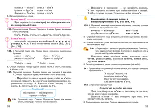 5958
соловьи — солов’ї семья — сім’я
бурьян — бур’ян вьюн — в’юн
Демьян — Дем’ян перья — пір’я
ІІ. Запиши українські слова.
При переносі слів апостроф не відокремлюється
від попередньої букви.
135. Прочитай слова. Спиши. Підкресли й назви букви, між якими
стоїть апостроф.
Сім’я, б’ють, п’ють, в’є, Ареф’єв, солов’ї, бур’ян.
Апостроф ставиться після букв б, п, в, м, ф та
р перед я, ю, є, ї, які позначають звуки [йа], [йу],
[йе], [йі].
136. І. Прочитай пари слів. Назви звуки, позначені виділеними
буквами.
рядок — пір’я буря — бур’ян
рясно — подвір’я* буряк — узгір’я**
* Подвір’я — двор. ** Узгір’я — холм.
ІІ. Спиши. Поясни, чому в одних словах після р стоїть апостроф,
а в інших — ні.
137. Прочитай речення. Знайди серед них загадку й відгадай
її. Спиши, підкресли букви, між якими стоїть апостроф.
1. Перелітні птахи в чужих краях гнізд не в’ють,
пісень не співають. 2. Пір’ячко в жайворонка сіро-ко-
ричневого кольору. 3. Бджоли п’ють нектар — сік
квітів. 4. Не їсть, не п’є, а ходить та б’є.
138. Прочитай текст. Спиши. Підкресли букви, між якими
стоїть апостроф. Поясни його вживання.
Прислів’я і приказки — це мудрість народу.
У них коротко сказано про найголовніше в житті.
Хліб — усьому голова. Нема щастя без здоров’я.
Вимовляємо й пишемо слова з
буквосполученнями б’я, в’я, м’я, п’я.
139. І. Порівняй вимову й написання виділених складів у словах
російської та української мов.
пятница — п’ятниця вяз — в’яз
голубятня — голуб’ятня мяч — м’яч
ІІ. Спробуй пояснити, чому в українській мові в цих словах вжива-
ється апостроф.
ІІІ. Спиши українські слова. Добери до них інші, що відповідають на
питання який, яка?
140. І. Перекладіть і запишіть українською мовою. Поясніть,
чим відрізняється вимова й написання виділених слів у
російській і українській мовах.
Красивое имя, зелёная мята, высокая голу-
бятня, ровные ряды, хорошая память, пятый день,
дружная семья.
ІІ. Складіть речення з двома словосполученнями (на вибір).
141. Прочитайте скоромовку й позмагайтеся, хто краще й швидше
проговорить її.
У подвір’ї коло хати
посадила мати м’яту.
Буду м’яту поливати,
хай цвіте пахуча м’ята.
142. І. Прочитай і запам’ятай.
Українські народні вислови
Двох слів докупи не зв’яже — так кажуть про тих,
хто не вміє гарно говорити.
В’ється в’юном — так говорять про того, хто
викручується, хитрує.
ІІ. Спиши народні вислови. Поясни вживання апострофа.
жаворонок — жайворонок
сердце — серце
Розрізняй!
Запам’ятай!
Запам’ятай!
 