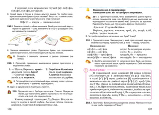 107106
У середині слів вимовляємо глухий [х]: лег[х]ко,
кіг[х]ті, ніг[х]ті, вог[х]кий.
ІІ. Назвè звуки й букви в словах другого рядка. Чи треба пере-
вірятинаписаннябуквипідчасписьма? Якщотак,тозмінислово,
щоб після сумнівного приголосного став голосний.
Ні[х]ті — ніготь — пишемо нігті.
248. І. Вимовте словà — нàзви малюнків. Який приголосний звук —
глухий чи дзвінкий — слід вимовляти в кінці та у середині слів,
що називають предмети?
ІІ. Запиши вимовлені слова. Підкресли букви, що позначають
дзвінкі приголосні, які не оглушуються під час вимови.
ІІІ. Складіть і запишіть речення з двома словами (на
вибір).
249. І. Прочитай, правильно вимовляючи дзвінкі приголосні у
виділених словах.
1. — Що ти, Березню, привіз
для своїх сестер-беріз?
— Сонячні сережки,
ниток для мережки.
2. Сироїжки-білоніжки
стали край доріжки.
А грибки боровики
поховались під дубки.
ІІ. Потренуйтеся читати перший вірш хором у ролях: хлопчи-
ки запитують — дівчатка відповідають.
ІІІ. Один із віршів вивчи й запиши з пам’яті.
250. Прочитай текст. Добери заголовок. Спиши. Підкресли
букви, що позначають дзвінкі приголосні, які не оглушу-
ються ні в кінці, ні в середині слів.
Узимку надворі господарює Дід Мороз. Він усе на-
вкруги одягає в теплі шубки. Засипає снігом стежки-
доріжки. На річки й озера настилає лід.
Вимовляємо й перевіряємо
написання слів, які потребують перевірки.
251. І. Прочитайте слова, чітко вимовляючи дзвінкі приго-
лосні в середині і в кінці слів. Доберіть до них інші слова, які
відповідають на питання який? яка? Запишіть за зразком.
Підкресліть букви, що позначають дзвінки приголосні.
Зразок. Струнка берізка.
Берізка, доріжка, книжка, гриб, дід, голуб, хліб,
шубка, грядка, зарядка.
ІІ. Чи треба перевіряти написання цих букв? Чому?
252. І. Прочитай слова. Зверни увагу, який приголосний звук ви-
мовляється перед приголосним, а який — перед голосним.
Вимовляємо: Пишемо:
ні[х]ті — ні[г]оть нігті, бо перевірне ніготь
кі[х]ті — кі[г]оть кігті, бо — кіготь
про[зь]ба —про[с]ити просьба, бо — просити
моло[дь]ба — моло[т]ити молотьба, бо — молотити
ІІ. Зробіть висновок про те, написання яких букв, що позна-
чають приголосні звуки, треба перевіряти. Свій висновок
перевірте за правилом.
В українській мові дзвінкий [г] перед глухим
[т+] оглушується й вимовляється як [х]: ні[х]ті,
а глухі [с+], [т+] перед дзвінким [б] одзвінчуються і
вимовляються як дзвінкі звуки [з+], [д+]: про[з+]ба,
хо[д+]ба. Однак на письмі вони позначаються буква-
ми г, с, т. Щоб не помилитися, написання таких слів
требаперевіряти,змінюючисловотак,щобпісляпри-
голосногобувголосний:про[з+]ба—просити—отже,
пишеться просьба, моло[д+]ба — молотити — отже,
пишемо молотьба.
253. І. Прочитай. Випиши спільнокореневі слова. Написання яких
із них треба перевіряти? Чому?
Запам’ятай!
 
