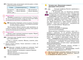 121120
287. І. Прочитай і скажи, де висловлено закінчену думку: у словах,
словосполученнях чи реченні?
Слова Словосполучення Речення
Сестричка,
гратися,
весело, два.
Дві сестрички;
весело гратися.
Дві сестрички
весело гралися.
Речення складається зі словосполучень. У речен-
ні, як і в словосполученні, слова пов’язані між собою
за допомогою закінчень і службових слів.
288. Прочитайте. Поміркуйте, скільки тут речень. Установіть
їхні межі. Запишіть. Поясніть, із якої букви ви записува-
ли початок кожного речення.
Настав ранок зійшло сонечко один промінець за-
глянув у віконце він розбудив дівчинку вона проки-
нулася й усміхнулася до сонечка.
Кожне слово в реченні пишеться окремо. Перше
слово пишеться з великої букви.
289. І. Прочитай слова. Спробуй скласти з них речення. Що для
цього треба зробити?
Учні, у, писати, зошити. Михась, скласти, ціка-
вий, оповідання.
ІІ. Запиши утворені речення. Познач закінчення в словах, які
треба було змінити.
290. Прочитай і поміркуй, які рядки не є реченням. Чому?
Пригадай, що виражає речення. Речення запиши.
Колись новий рік починався з першого березня
Почали танути
Дівчата виходили й співали пісні
Ті пісні називалися
Читаємо текст. Визначаємо головні й
другорядні члени речення.
291. Сьогодні професор Лінгвіст привітався з
учнями й сказав:
— Я розповім вам, як будуються речення.
Якщо речення складається з двох і більше слів,
то серед них, як і в російській мові, є головні чле-
ни речення (главные члены) і другорядні (второ-
степенные). Головні члени речення — підмет (под-
лежащее) і присудок (сказуемое). Підмет вказує на
те, хто або що виконує дію, а присудок називає цю
дію. Щоб визначити їх, треба ставити питання: до
підмета — хто?, що?, а до присудка — що робить? що
зробив?, що буде робити? Наприклад:
Хлопчик сміється.
Хлопчик (що робить?) сміється.
Сміється (хто?) хлопчик.
Якщо речення складається тільки з двох слів —
підмета і присудка, то це речення називається
непоширеним (нераспространённым). Однак ви вже
знаєте, що в реченнях буває набагато більше слів.
Серед них є головні й другорядні члени. Такі ре-
чення — поширені (распространённые). Наприклад:
Українські жінки прикрашають хату рушниками.
Це речення — поширене. У ньому головні члени
жінки прикрашають, усі інші слова є другорядними
членами цього речення.
Другорядні члени речення завжди зв’язані з
головними й утворюють словосполучення:
Жінки (які?) українські; прикрашають (чим?)
рушниками; прикрашають (що?) хату.
Про що ти дізнався з розповіді професора Лінгвіста? Що
було відомо тобі раніше? Що називається підметом?
А присудком? Які бувають речення?
Запам’ятай!
Запам’ятай!
 