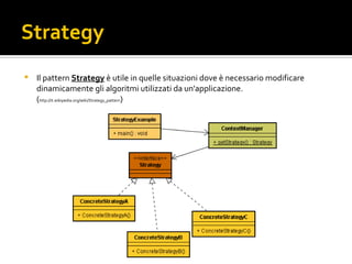 Strategy Il pattern Strategy  è utile in quelle situazioni dove è necessario modificare dinamicamente gli algoritmi utilizzati da un'applicazione. ( http://it.wikipedia.org/wiki/Strategy_pattern ) strategy1.png 