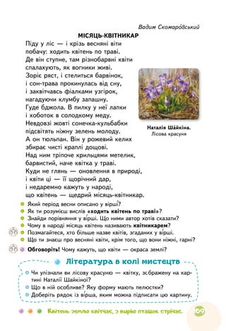 109Квітень землю квітчає, з вирію пташок стрічає.
Вадим Скомаровський
МІСЯЦЬ-КВІТНИКАР
Піду у ліс — і крізь весняні віти
побачу: ходить квітень по траві.
Де він ступне, там різнобарвні квіти
спалахують, як вогники живі.
Зоріє ряст, і стелиться барвінок,
і сон-трава прокинулась від сну,
і заквітчавсь фіалками узгірок,
нагадуючи клумбу запашну.
Гуде бджола. В пилку у неї лапки
і хоботок в солодкому меду.
Невдовзі жовті сонечка-кульбабки
підсвітять ніжну зелень молоду.
А он тюльпан. Він у рожевий келих
збирає чисті краплі дощові.
Над ним тріпоче крильцями метелик,
барвистий, наче квітка у траві.
Куди не глянь — оновлення в природі,
і квіти ці — її щорічний дар,
і недаремно кажуть у народі,
що квітень — щедрий місяць-квітникар.
 
	 Який період весни описано у вірші?
 
	 Як ти розумієш вислів «ходить квітень по траві»?
 
	 Знайди порівняння у вірші. Що ними автор хотів сказати?
 
	 Чому в народі місяць квітень називають квітникарем?
 
	 Позмагайтеся, хто більше назве квітів, згаданих у вірші.
 
	 Що ти знаєш про весняні квіти, крім того, що вони ніжні, гарні?
	 Обговоріть! Чому кажуть, що квіти — окраса землі?

Чи упізнали ви лісову красуню — квітку, зображену на кар-
тині Наталії Шайкіної?

Що в ній особливе? Яку форму мають пелюстки?

Доберіть рядок із вірша, яким можна підписати цю картину.
Література в колі мистецтв
Наталія Шайкіна.
Лісова красуня
 