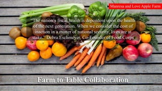 Farm to Table Collaboration
“The nation’s fiscal health is dependent upon the health
of the next generation. When we consider the cost of
inaction in a matter of national security, lives are at
stake.” Debra Eschmeyer, Co-Founder of Food Corps
Manresa and Love Apple Farm
 