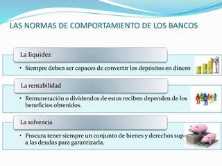 LAS NORMAS DE COMPORTAMIENTO DE LOS BANCOS
• Siempre deben ser capaces de convertir los depósitos en dinero
La liquidez
• Remuneración o dividendos de estos reciben dependen de los
beneficios obtenidos.
La rentabilidad
• Procura tener siempre un conjunto de bienes y derechos superiores
a las deudas para garantizarla.
La solvencia