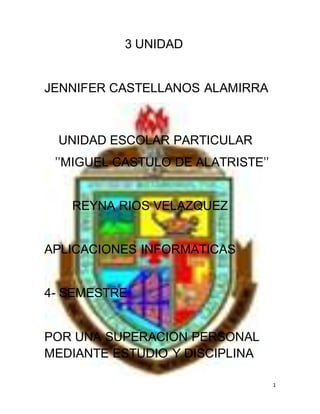 1
3 UNIDAD
JENNIFER CASTELLANOS ALAMIRRA
UNIDAD ESCOLAR PARTICULAR
’’MIGUEL CASTULO DE ALATRISTE’’
REYNA RIOS VELAZQUEZ
AP...