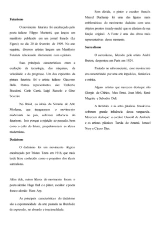 Futurismo
O movimento futurista foi encabeçado pelo
poeta italiano Filippo Marinetti, que lançou um
manifesto publicado em um jornal francês (Le
Figaro) no dia 20 de fevereiro de 1909. No ano
seguinte, diversos artistas lançam um Manifesto
Futurista relacionado diretamente com a pintura.
Suas principais características eram a
exaltação da tecnologia, das máquinas, da
velocidade e do progresso. Um dos expoentes da
pintura futurista foi o artista italiano Giacomo
Balla. Outros representantes são: Umberto
Boccioni, Carlo Carrà, Luigi Russolo e Gino
Severini.
No Brasil, os ideais da Semana de Arte
Moderna, que inauguraram o movimento
modernista no país, sofreram influência do
futurismo. Isso porque a rejeição ao passado, bem
como o culto do futuro, propulsionaram as ideias
modernistas.
Dadaísmo
O dadaísmo foi um movimento ilógico
encabeçado por Tristan Tzara em 1916, que mais
tarde ficou conhecido como o propulsor dos ideais
surrealistas.
Além dele, outros líderes do movimento foram: o
poeta alemão Hugo Ball e o pintor, escultor e poeta
franco-alemão Hans Arp.
As principais características do dadaísmo
são a espontaneidade da arte pautada na liberdade
de expressão, no absurdo e irracionalidade.
Sem dúvida, o pintor e escultor francês
Marcel Duchamp foi uma das figuras mais
emblemáticas do movimento dadaísta com seus
objetos prontos (ready-made) que se afastam de sua
função original. A Fonte é uma das obras mais
representativas desse momento.
Surrealismo
O surrealismo, liderado pelo artista André
Breton, despontou em Paris em 1924.
Pautado no subconsciente, esse movimento
era caracterizado por uma arte impulsiva, fantástica
e onírica.
Alguns artistas que merecem destaque são
Giorgio de Chirico, Max Ernst, Joan Miró, René
Magritte e Salvador Dalí.
A literatura e as artes plásticas brasileiras
sofreram grande influência dessa vanguarda.
Merecem destaque: o escritor Oswald de Andrade
e os artistas plásticos Tarsila do Amaral, Ismael
Nery e Cícero Dias.
 