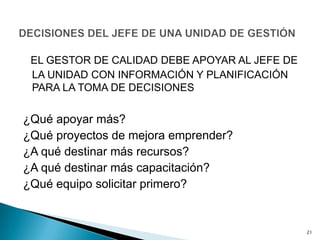 EL GESTOR DE CALIDAD DEBE APOYAR AL JEFE DE
LA UNIDAD CON INFORMACIÓN Y PLANIFICACIÓN
PARA LA TOMA DE DECISIONES
¿Qué apoyar más?
¿Qué proyectos de mejora emprender?
¿A qué destinar más recursos?
¿A qué destinar más capacitación?
¿Qué equipo solicitar primero?
21
 
