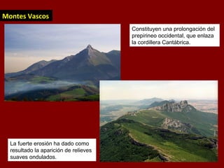 Montes Vascos
La fuerte erosión ha dado como
resultado la aparición de relieves
suaves ondulados.
Constituyen una prolongación del
prepirineo occidental, que enlaza
la cordillera Cantábrica.
 