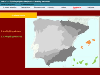 TEMA1. El espacio geográfico español. El relieve y las costas
Espacio geográfico El relieve español
El espacio geográfico. Características Morfoestructuras Evolución Litología Unidades de
relieve
Las costas
2. Archipiélago Balear
3. Archipiélago canario
El relieve insular
 