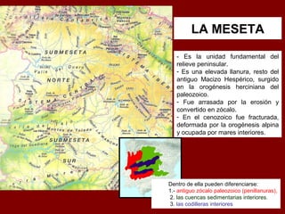 LA MESETA
- Es la unidad fundamental del
relieve peninsular.
- Es una elevada llanura, resto del
antiguo Macizo Hespérico, surgido
en la orogénesis herciniana del
paleozoico.
- Fue arrasada por la erosión y
convertido en zócalo.
- En el cenozoico fue fracturada y
deformada por la orogénesis alpina
y ocupada por mares interiores.
Dentro de ella pueden diferenciarse:
1.- antiguo zócalo paleozoico (penillanuras),
2. las cuencas sedimentarias interiores.
3. las codilleras interiores
 