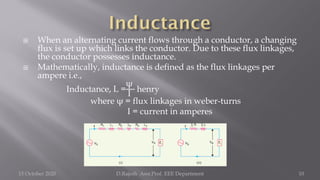  When an alternating current flows through a conductor, a changing
flux is set up which links the conductor. Due to these flux linkages,
the conductor possesses inductance.
 Mathematically, inductance is defined as the flux linkages per
ampere i.e.,
Inductance, L =
ψ
I
henry
where ψ = flux linkages in weber-turns
I = current in amperes
15 October 2020 D.Rajesh Asst.Prof. EEE Department 10
 