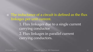  The inductance of a circuit is defined as the flux
linkages per unit current.
1. Flux linkages due to a single current
carrying conductor
2. Flux linkages in parallel current
carrying conductors.
15 October 2020 D.Rajesh Asst.Prof. EEE Department 14
 