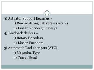 3) Actuator Support Bearings -
i) Re-circulating ball screw systems
ii) Linear motion guideways
4) Feedback devices –
i) Rotory Encoders
ii) Linear Encoders
5) Automatic Tool changers (ATC)
i) Magazine Type
ii) Turret Head
 
