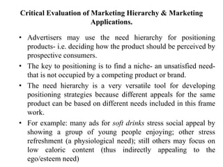 Critical Evaluation of Marketing Hierarchy & Marketing
Applications.
• Advertisers may use the need hierarchy for positioning
products- i.e. deciding how the product should be perceived by
prospective consumers.
• The key to positioning is to find a niche- an unsatisfied need-
that is not occupied by a competing product or brand.
• The need hierarchy is a very versatile tool for developing
positioning strategies because different appeals for the same
product can be based on different needs included in this frame
work.
• For example: many ads for soft drinks stress social appeal by
showing a group of young people enjoying; other stress
refreshment (a physiological need); still others may focus on
low caloric content (thus indirectly appealing to the
ego/esteem need)
 