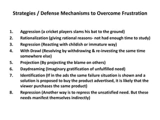 Strategies / Defense Mechanisms to Overcome Frustration
1. Aggression (a cricket players slams his bat to the ground)
2. Rationalization (giving rational reasons- not had enough time to study)
3. Regression (Reacting with childish or immature way)
4. With Drawl (Resolving by withdrawing & re-investing the same time
somewhere else)
5. Projection (By projecting the blame on others)
6. Daydreaming (Imaginary gratification of unfulfilled need)
7. Identification (If in the ads the same failure situation is shown and a
solution is proposed to buy the product advertised, it is likely that the
viewer purchases the same product)
8. Repression (Another way is to repress the unsatisfied need. But these
needs manifest themselves indirectly)
 