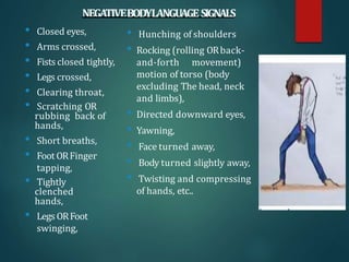 NEGATIVEBODYLANGUAGESIGNALS
• Closed eyes,
• Arms crossed,
• Fists closed tightly,
• Legs crossed,
• Clearing throat,
• Scratching OR
rubbing back of
hands,
• Short breaths,
• Foot ORFinger
tapping,
• Tightly
clenched
hands,
• Legs ORFoot
swinging,
• Hunching of shoulders
• Rocking (rolling ORback-
and-forth movement)
motion of torso (body
excluding The head, neck
and limbs),
• Directed downward eyes,
• Yawning,
• Face turned away,
• Body turned slightly away,
• Twisting and compressing
of hands, etc..
 