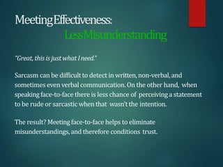 MeetingEffectiveness:
LessMisunderstanding
“Great, this is just what Ineed.”
Sarcasm can be difficult to detect in written,non-verbal,and
sometimes even verbal communication.On the other hand, when
speakingface-to-face there is less chance of perceivinga statement
to be rude or sarcastic when that wasn’t the intention.
The result? Meetingface-to-face helps to eliminate
misunderstandings,and therefore conditions trust.
 
