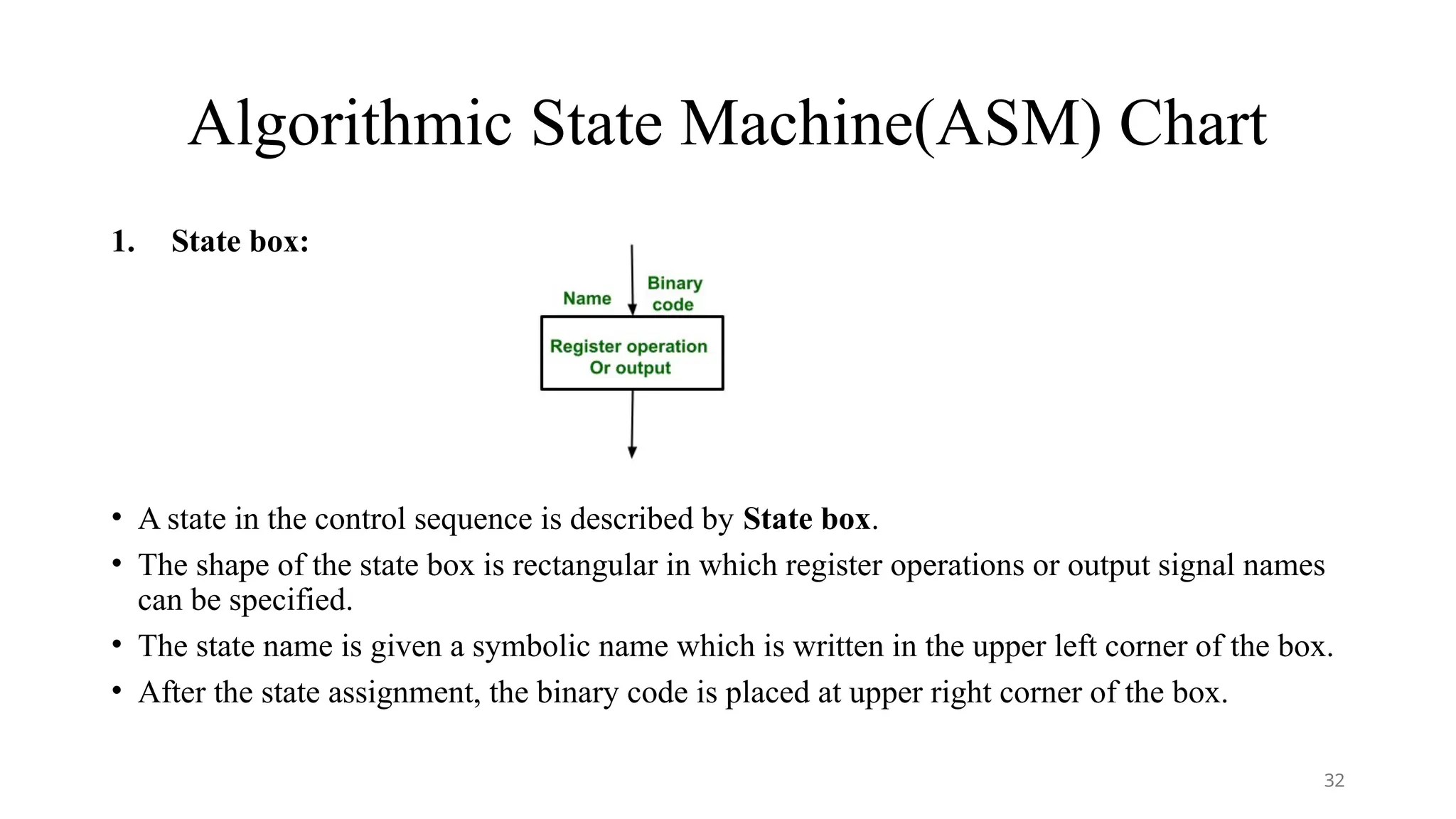 Algorithmic State Machine(ASM) Chart
1. State box:
• A state in the control sequence is described by State box.
• The shape of the state box is rectangular in which register operations or output signal names
can be specified.
• The state name is given a symbolic name which is written in the upper left corner of the box.
• After the state assignment, the binary code is placed at upper right corner of the box.
32
 
