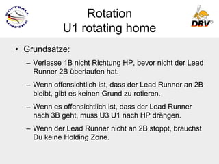 Rotation
             U1 rotating home
• Grundsätze:
  – Verlasse 1B nicht Richtung HP, bevor nicht der Lead
    Runner 2B überlaufen hat.
  – Wenn offensichtlich ist, dass der Lead Runner an 2B
    bleibt, gibt es keinen Grund zu rotieren.
  – Wenn es offensichtlich ist, dass der Lead Runner
    nach 3B geht, muss U3 U1 nach HP drängen.
  – Wenn der Lead Runner nicht an 2B stoppt, brauchst
    Du keine Holding Zone.
 