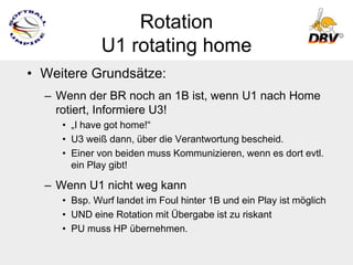 Rotation
              U1 rotating home
• Weitere Grundsätze:
  – Wenn der BR noch an 1B ist, wenn U1 nach Home
    rotiert, Informiere U3!
     • „I have got home!“
     • U3 weiß dann, über die Verantwortung bescheid.
     • Einer von beiden muss Kommunizieren, wenn es dort evtl.
       ein Play gibt!

  – Wenn U1 nicht weg kann
     • Bsp. Wurf landet im Foul hinter 1B und ein Play ist möglich
     • UND eine Rotation mit Übergabe ist zu riskant
     • PU muss HP übernehmen.
 