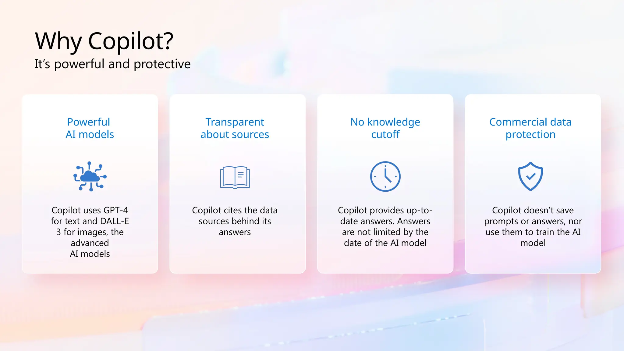 Powerful
AI models
Copilot uses GPT-4
for text and DALL-E
3 for images, the
advanced
AI models
Transparent
about sources
Copilot cites the data
sources behind its
answers
It’s powerful and protective
No knowledge
cutoff
Copilot provides up-to-
date answers. Answers
are not limited by the
date of the AI model
Commercial data
protection
Copilot doesn’t save
prompts or answers, nor
use them to train the AI
model
Why Copilot?
 
