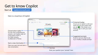 Here is a visual tour of Copilot:
Start at
Text box
Enter your question (your “prompt”) here.
Suggested prompts
If you’re not sure what to ask,
try or modify a sample prompt!
Get to know Copilot
copilot.microsoft.com
Conversation styles
For the most comprehensive
answers, use Creative style wit
h the power of GPT-4.
For faster answers,
try Balanced or Precise.
Start a new chat button
Clear your past chat and start a
new conversation.
Protected badge
Ensure you’re signed in with your
work account and confirm that
you see . If the shield icon is
missing, sign in with your work
account.
 