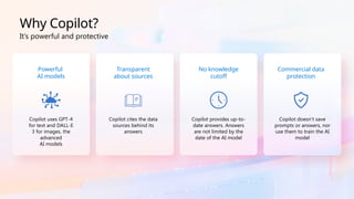 Powerful
AI models
Copilot uses GPT-4
for text and DALL-E
3 for images, the
advanced
AI models
Transparent
about sources
Copilot cites the data
sources behind its
answers
It’s powerful and protective
No knowledge
cutoff
Copilot provides up-to-
date answers. Answers
are not limited by the
date of the AI model
Commercial data
protection
Copilot doesn’t save
prompts or answers, nor
use them to train the AI
model
Why Copilot?
 