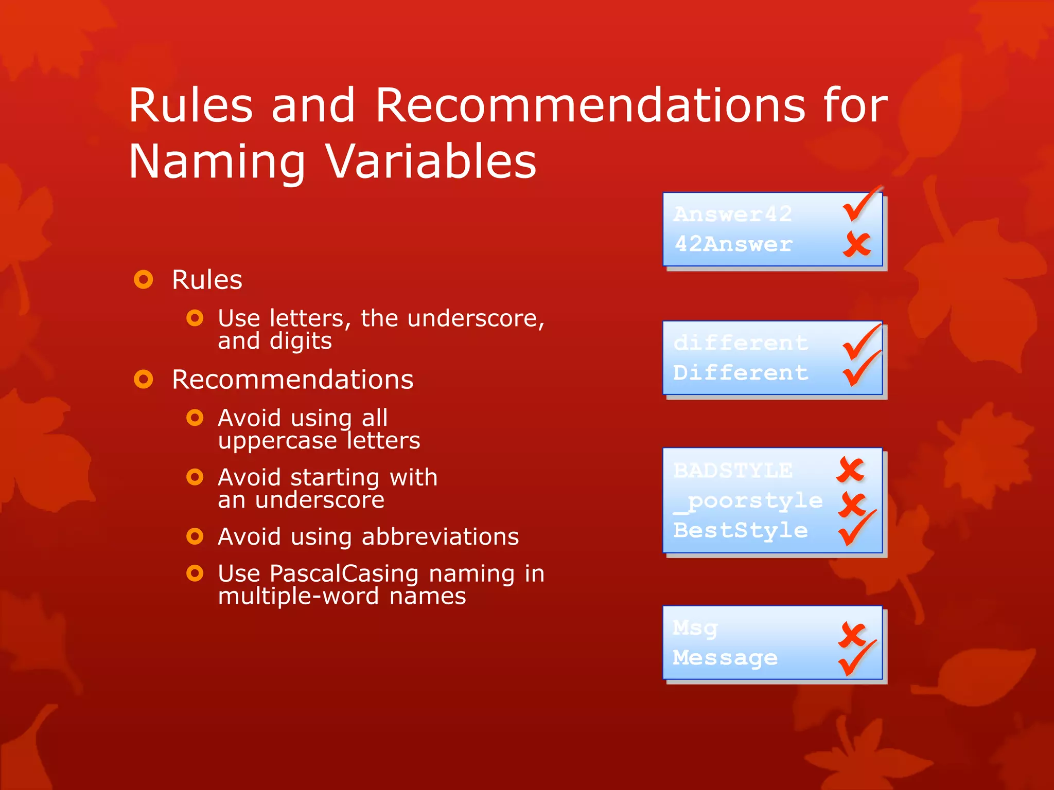 Rules and Recommendations for
Naming Variables
 Rules
 Use letters, the underscore,
and digits
 Recommendations
 Avoid using all
uppercase letters
 Avoid starting with
an underscore
 Avoid using abbreviations
 Use PascalCasing naming in
multiple-word names
different
Different
Answer42
42Answer



BADSTYLE
_poorstyle
BestStyle


Msg
Message

 