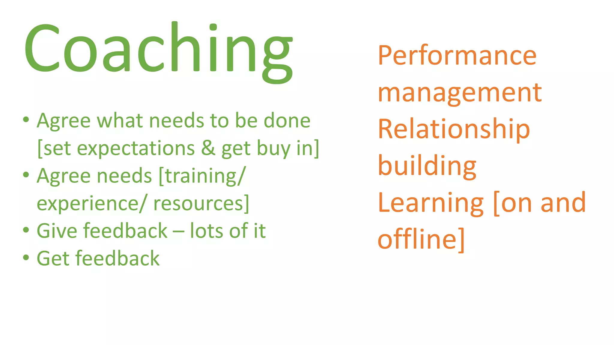 Coaching 
• Agree what needs to be done 
[set expectations & get buy in] 
• Agree needs [training/ 
experience/ resources] 
• Give feedback – lots of it 
• Get feedback 
Performance 
management 
Relationship 
building 
Learning [on and 
offline] 
 