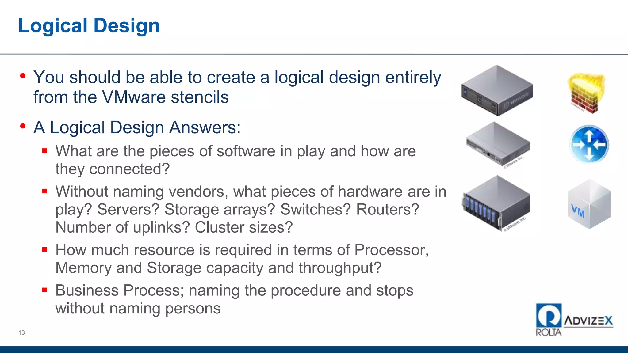 Logical Design
13
• You should be able to create a logical design entirely
from the VMware stencils
• A Logical Design Answers:
 What are the pieces of software in play and how are
they connected?
 Without naming vendors, what pieces of hardware are in
play? Servers? Storage arrays? Switches? Routers?
Number of uplinks? Cluster sizes?
 How much resource is required in terms of Processor,
Memory and Storage capacity and throughput?
 Business Process; naming the procedure and stops
without naming persons
 