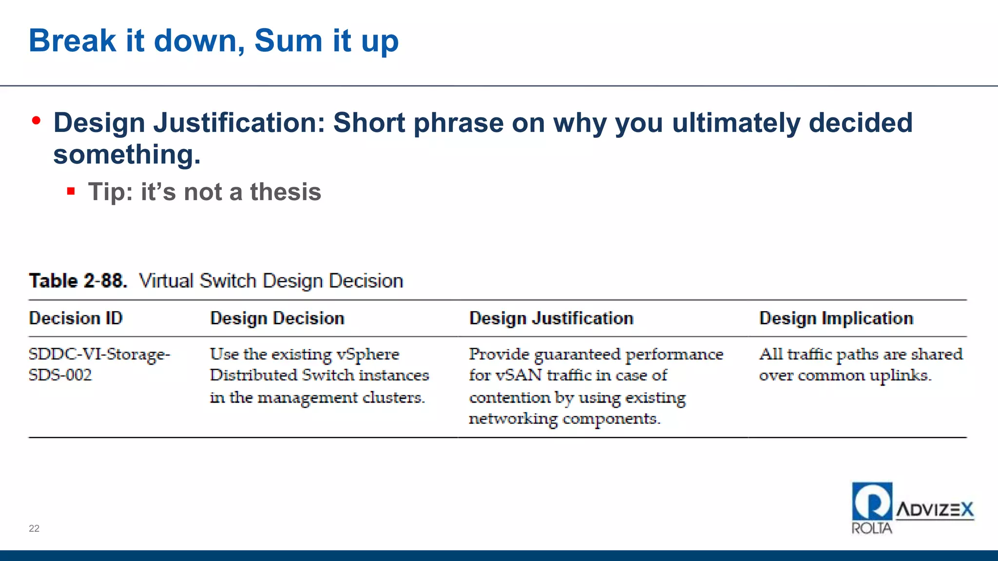 Break it down, Sum it up
• Design Justification: Short phrase on why you ultimately decided
something.
 Tip: it’s not a thesis
22
 