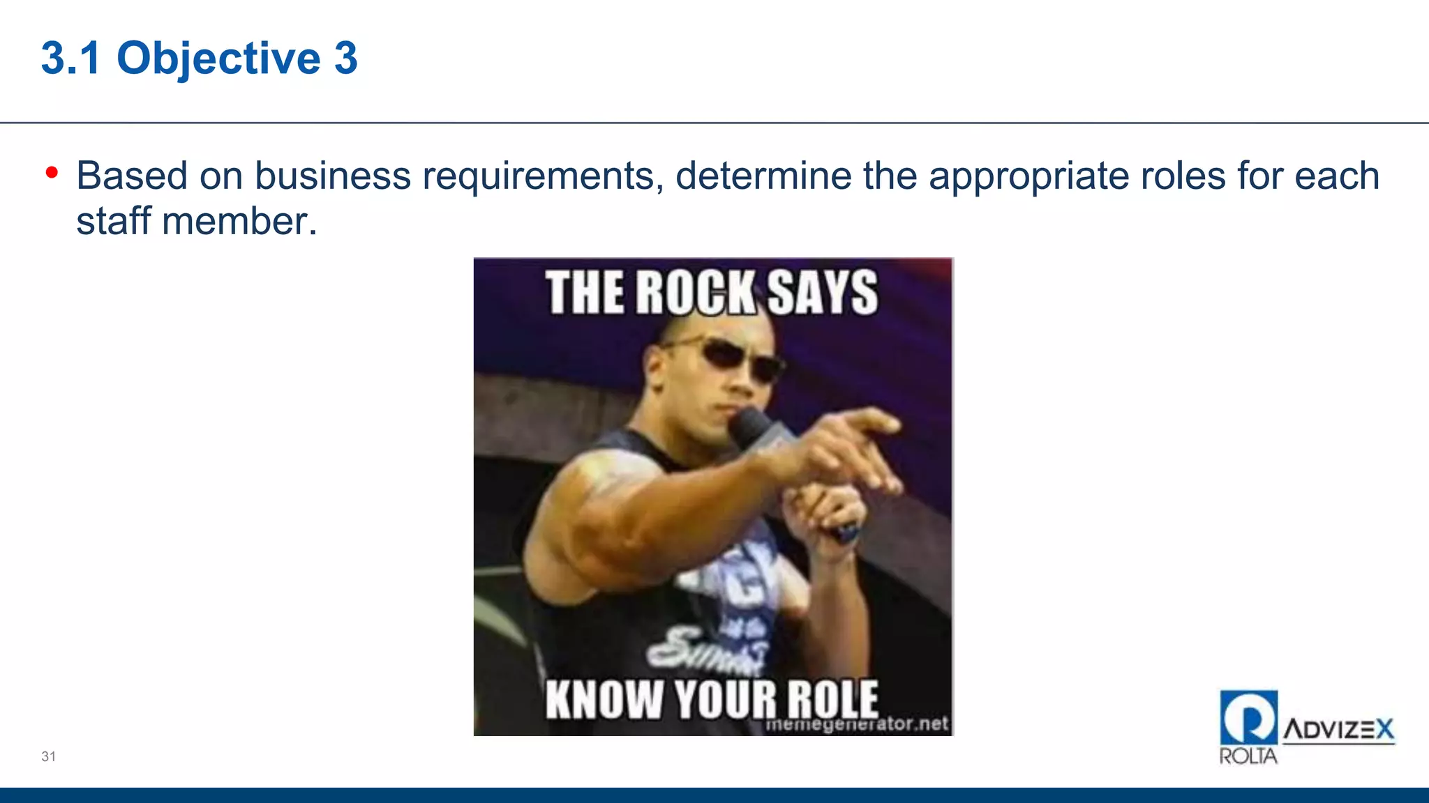 3.1 Objective 3
• Based on business requirements, determine the appropriate roles for each
staff member.
31
 