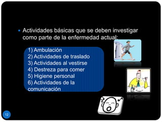 Actividades básicas que se deben investigar como parte de la enfermedad actual:1) Ambulación2) Actividades de traslado3) Actividades al vestirse4) Destreza para comer5) Higiene personal6) Actividades de la comunicación12