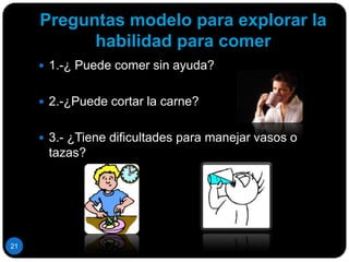 Historia de capacidad de ambulaciónIncluye el desplazamiento en silla de ruedas y el arrastrarseEvaluar la extensión  de la discapacidad con respecto a la ambulación , conocer la ambulación en diferentes medios:Desplazamiento de un sitio a otro dentro de una distancia limitada.Hogar Entorno inmediatoComunidad 15